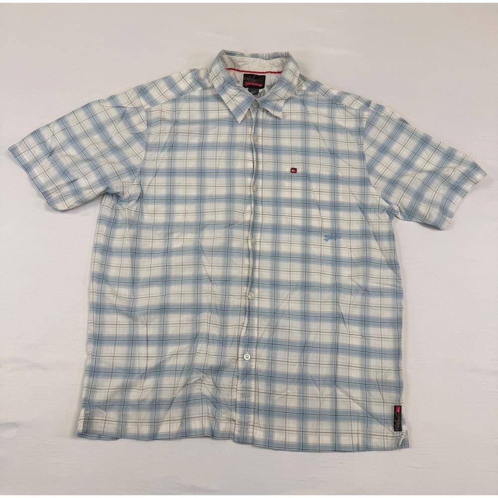 Y2K Quiksilver Mens Short Sleeve Plaid Button Down Shirt Blue White Large L Logo